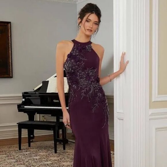 Three-Dimensional Floral Halter Evening Gown Mother of the Bride/Groom Dress